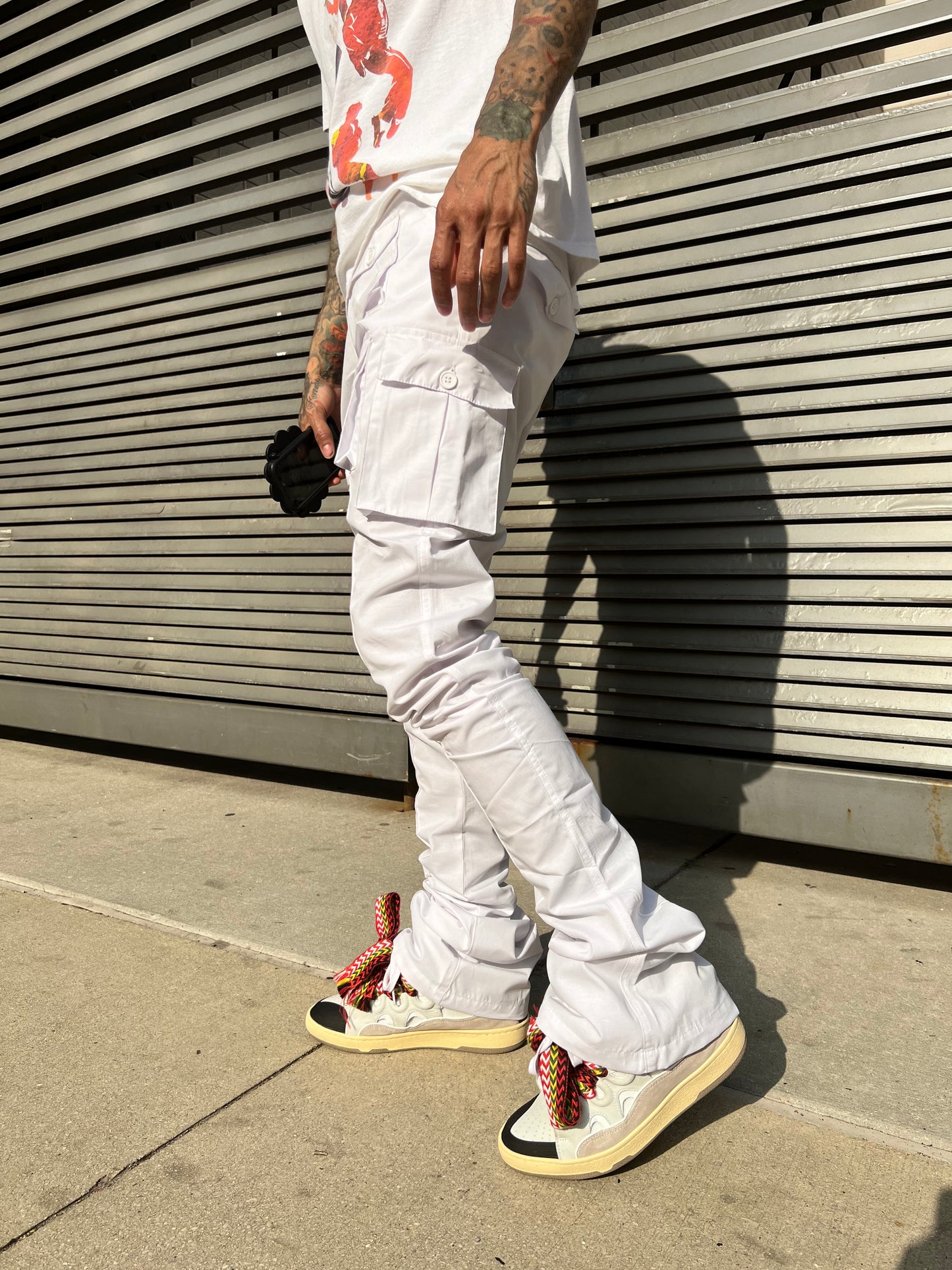 White Stacked Cargo Pants