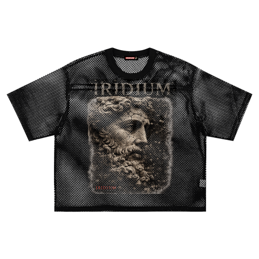 Front view of The Oracle black boxy mesh T-shirt with stone portrait graphic