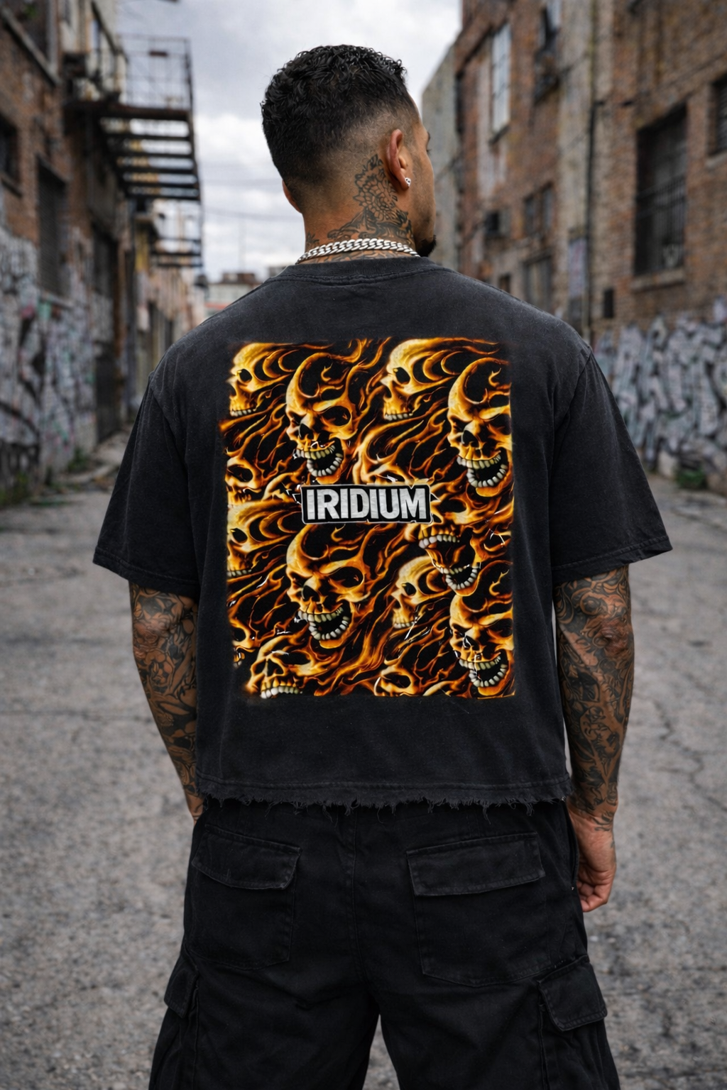 Skull Flame Vintage Wash Boxy Distressed Hem T-Shirt
