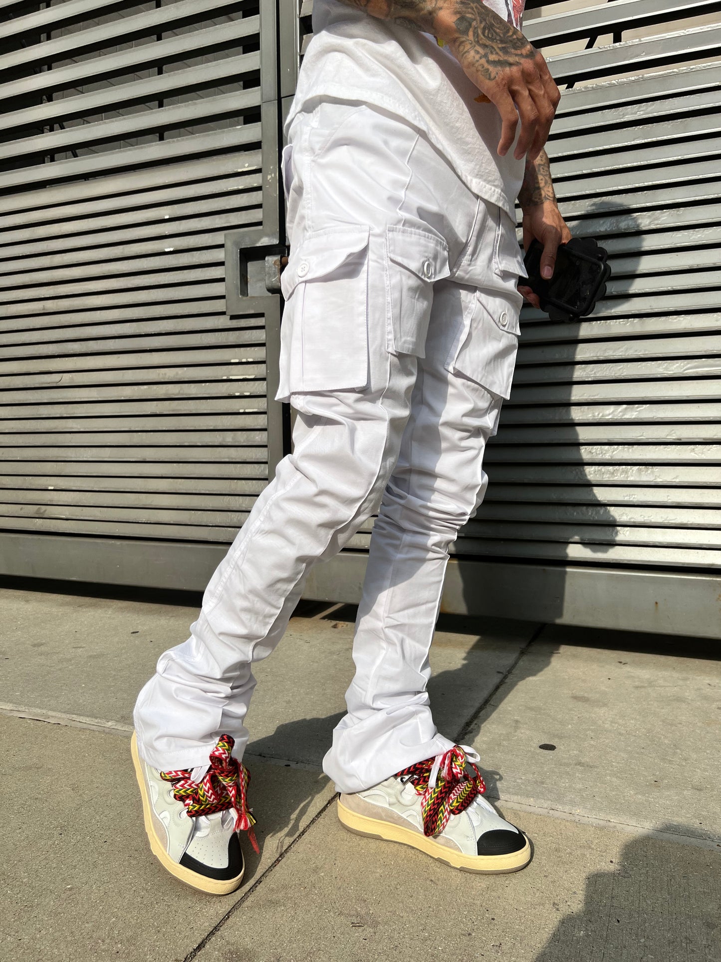 White Stacked Cargo Pants