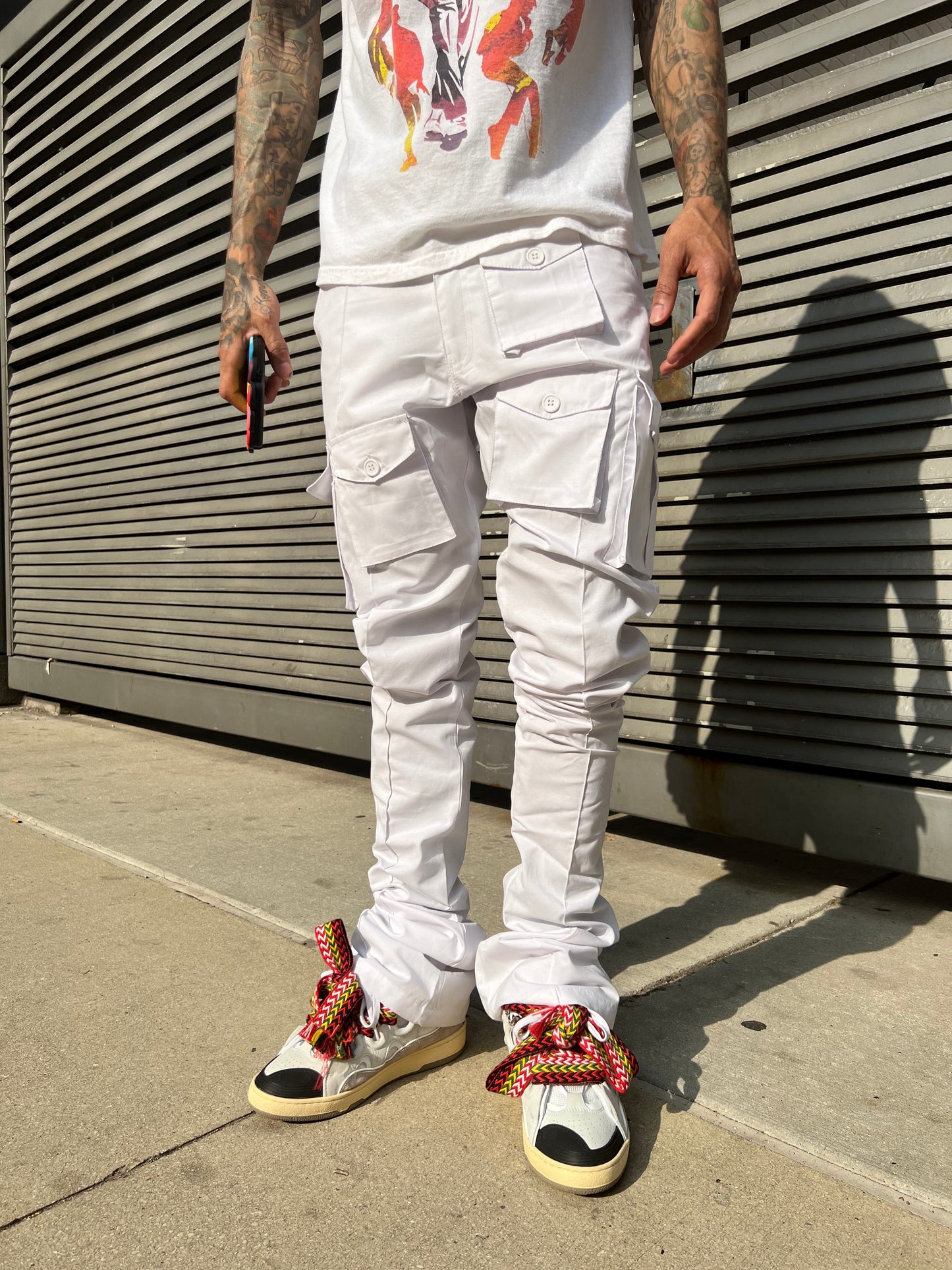 White Stacked Cargo Pants