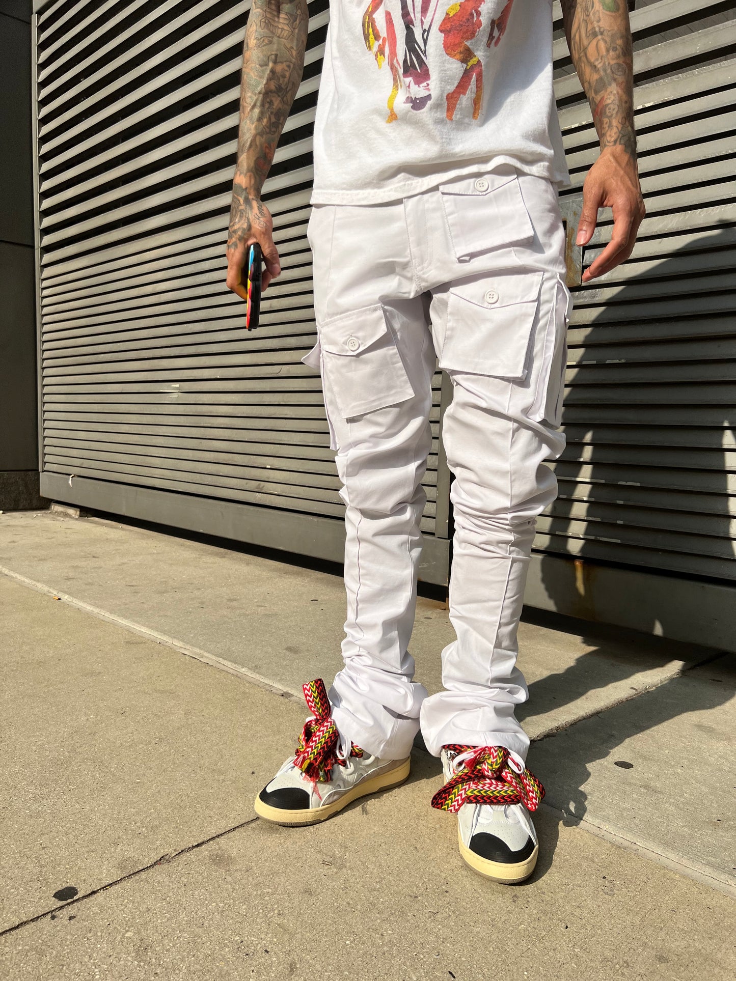 White Stacked Cargo Pants