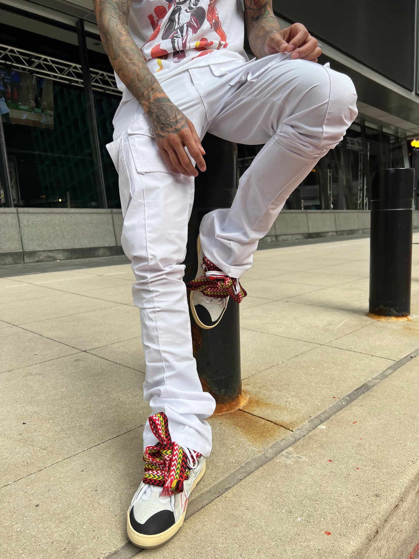 White Stacked Cargo Pants