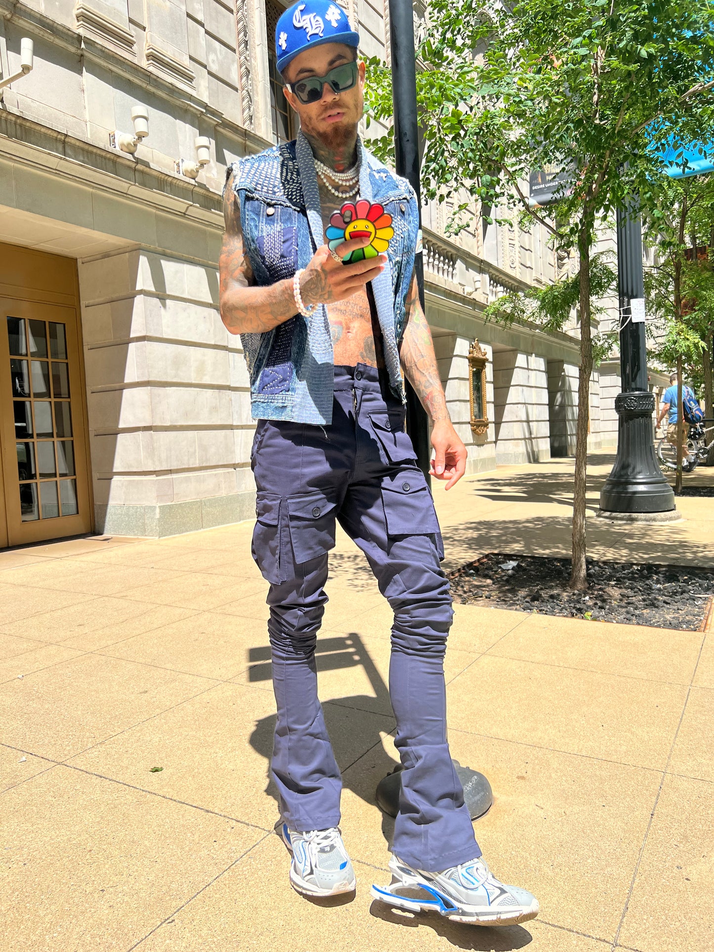 Navy Blue Stacked Cargo Pants