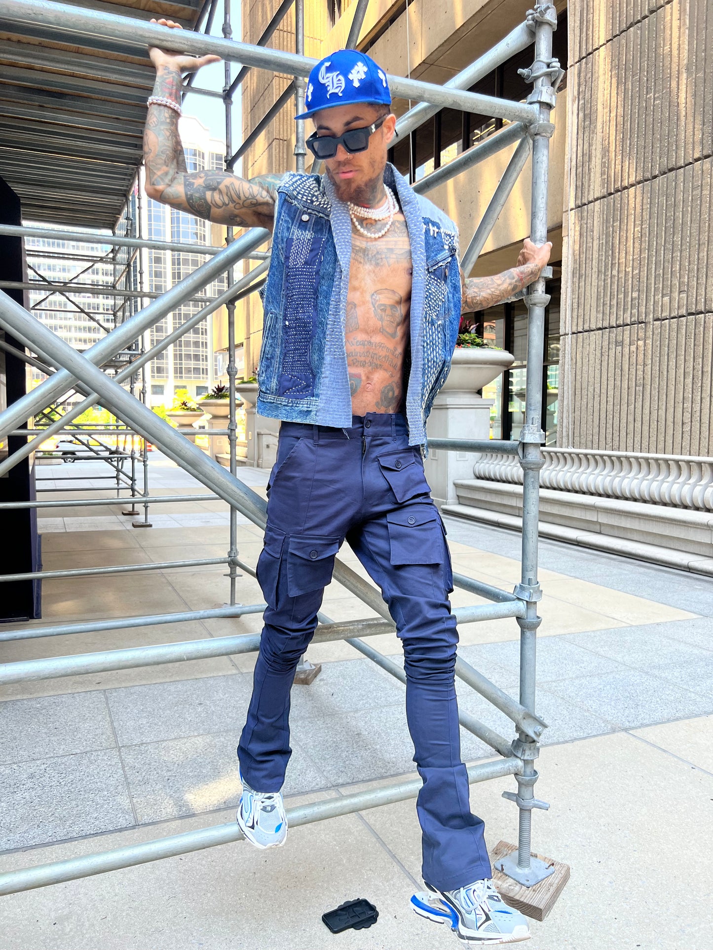 Navy Blue Stacked Cargo Pants